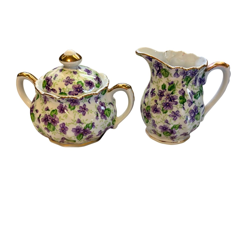 Lefton China Violets Sugar and Creamer Set 912V Vintage Hand Painted Gold Trim